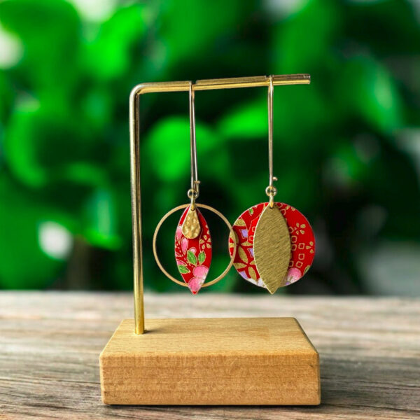 Boucles d'oreilles washi - Modèle "Yuri" - Rouge&fleurs
