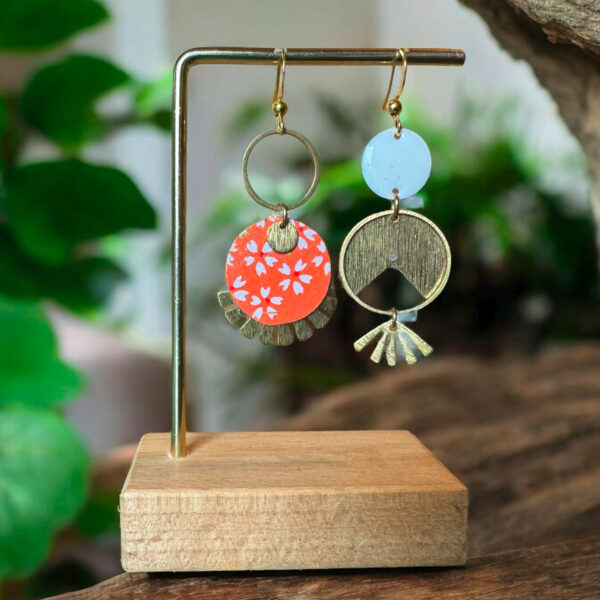 Boucles d'oreilles washi - Modèle " Tsubaki" - Orange&blanc