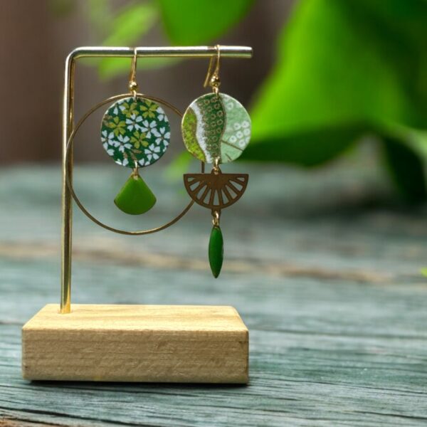 Boucles d'oreilles washi - Modèle "Ran" - vert&blanc