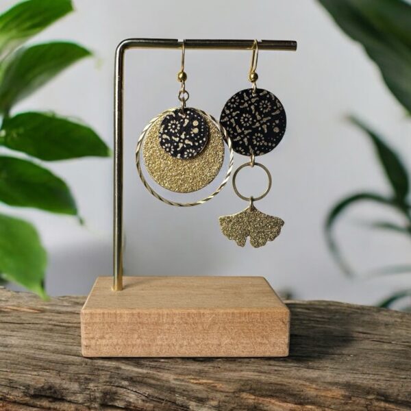 Boucles d'oreilles collection « Les Audacieuses - Modèle " Ginko" - Noir&doré