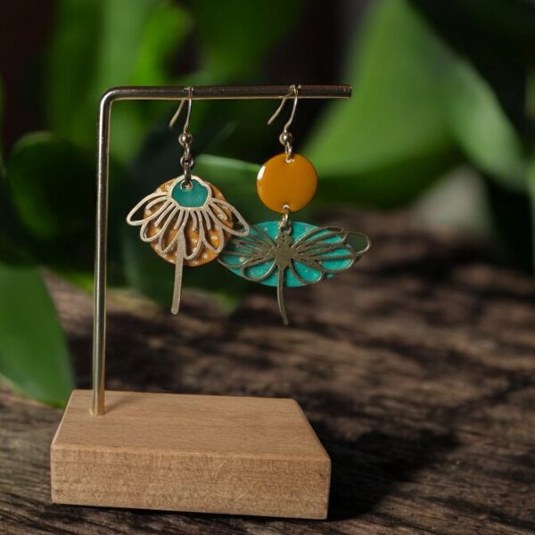 Boucles d'oreilles collection « Les Audacieuses » - Modèle "Akitsu" - moutarde&turquoise