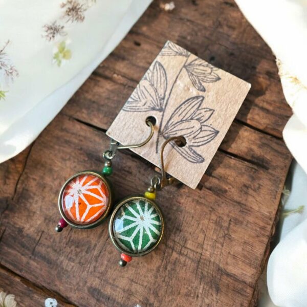Boucles d'oreilles réversibles - 4 en 1 - tons jaune/orange/vert/bordeaux