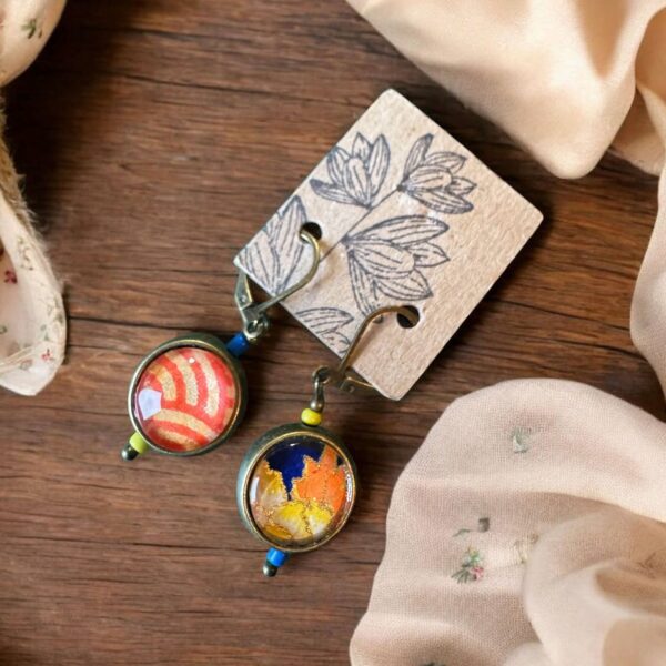 Boucles d'oreilles réversibles - 4 en 1 - tons jaune/orange/bleu