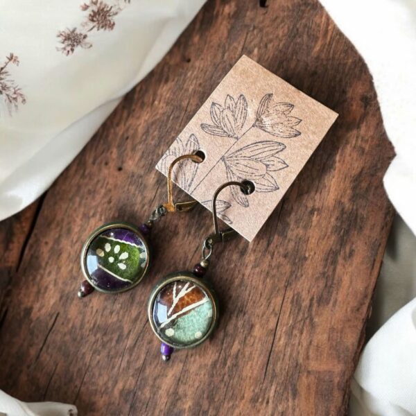 Boucles d'oreilles réversibles - 4 en 1 - tons violet/vert