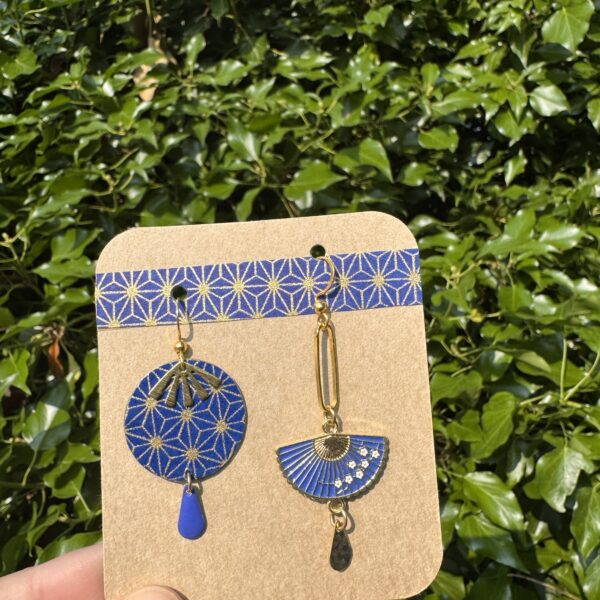 Boucles d'oreilles collection « Les Audacieuses » - Bleu&doré éventail